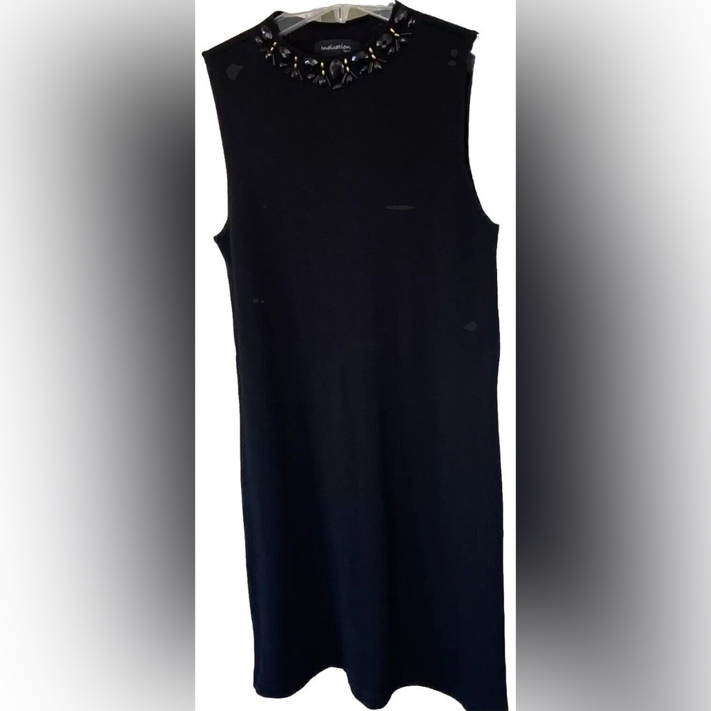 eci black knit dress with beaded collar